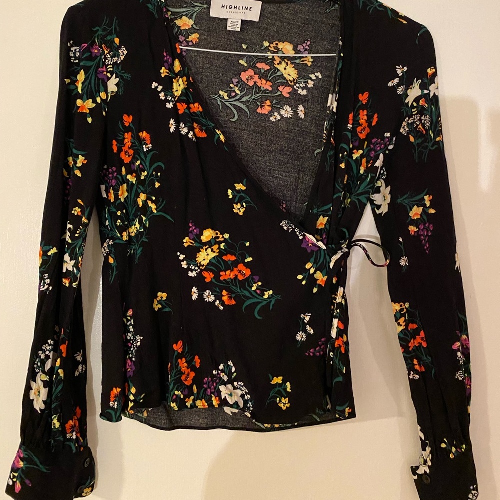 Black floral wrap shirt!